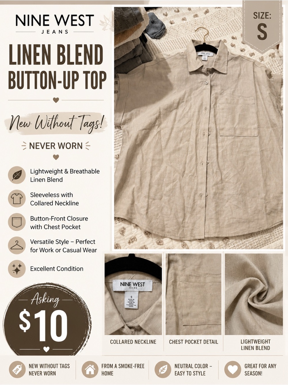 Nine West Neutral Beige Button-Down Linen-Blend Shirt